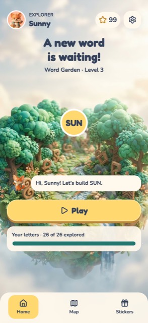 The home screen, with the next word level and a Play button